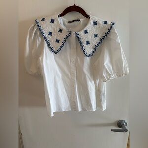 Zara White Blouse with Blue Embroidery